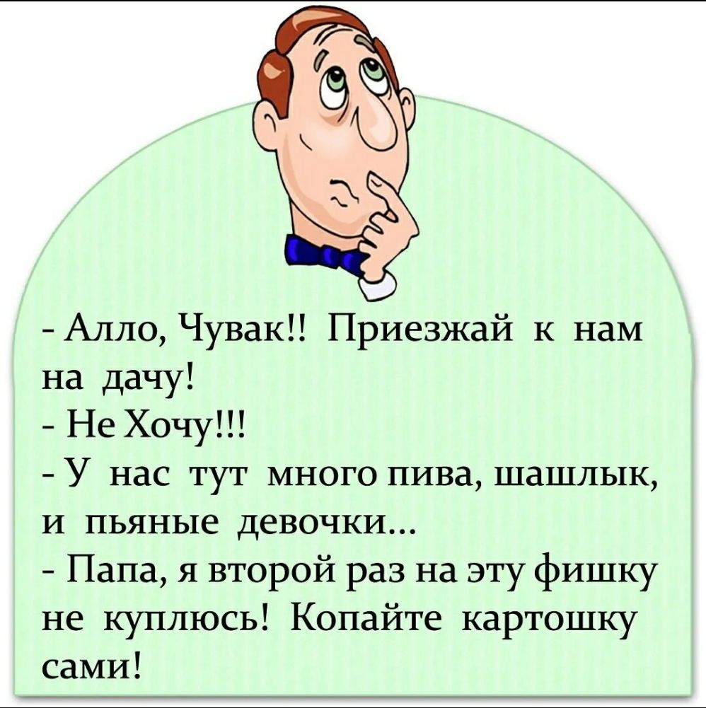 Алло Чувак Приезжай к нам на дачу Не Хочу У нас тут много пива шашлык и пьяные девочки Папа я второй раз на эту фишку не куплюсь Копайте картошку сами