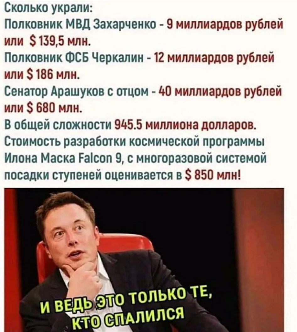 Сколько украли Полковник МВД Захарченко 9 миллиардов рублей или 81395 млн Полковник ФСБ Черкалин 12 миллиардов рублей или 8 186 млн Сенатор Арашуков с отцом 40 миллиардов рублей или 680 млн В общей сложности 9455 миллиона долларов Стоимость разработки космической программы Илона Маска Раісоп 9 с многоразовой системой посадки ступеней оценивается в 850 млн