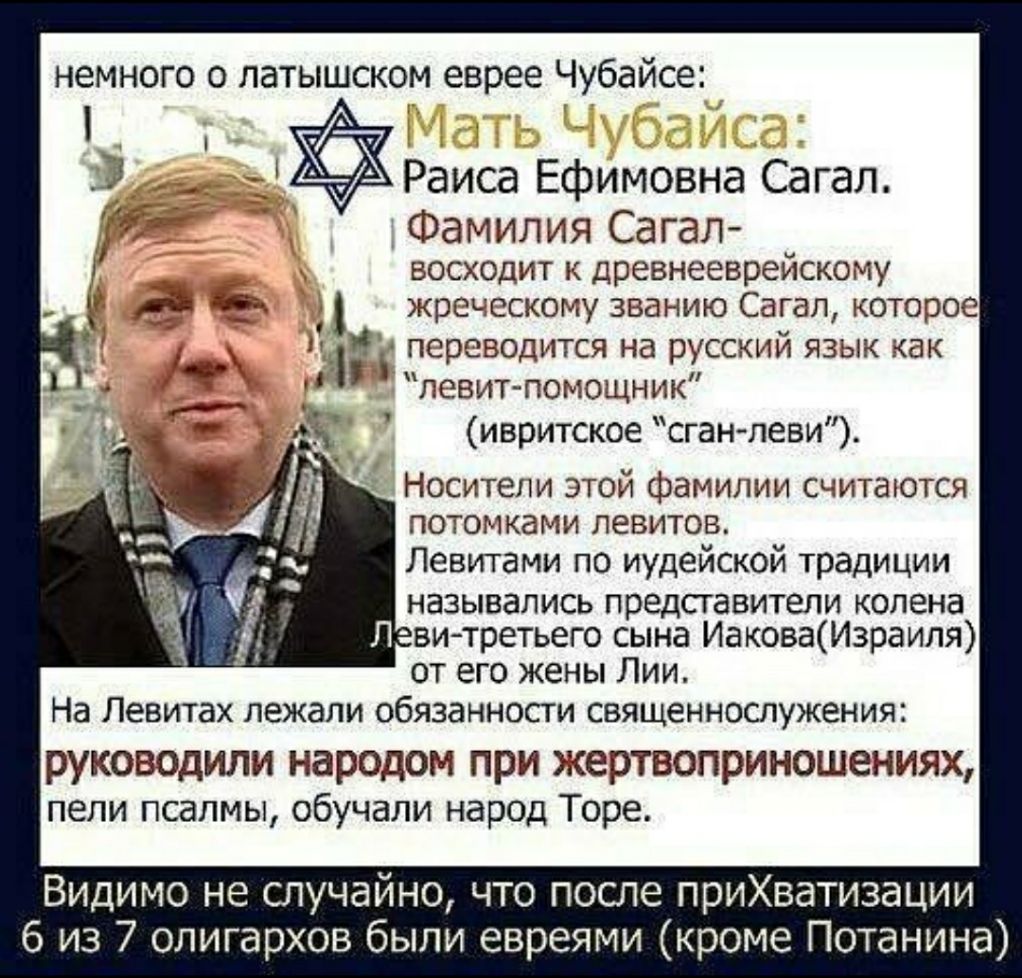 немного о латышском еврее Чубайсе Раиса Ефимовна Сагал Фамилия Сагал восходит к древнееврейскому жреческому званию Сагал которое переводится на русский язык как левит помощник ивритское сганлеви Носители этой фамилии считаются потомками левитов Левитами по иудейской традиции назывались представители колена Л витретьего сына ИаковаИзраиля от его жены Лии На Левитах лежали обязанности священнослужен