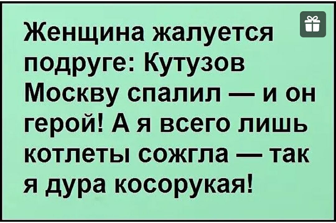Женщина жалуется подруге Кутузов Москву спалил и он герой А я всего лишь котлеты сожгла так я дура косорукая