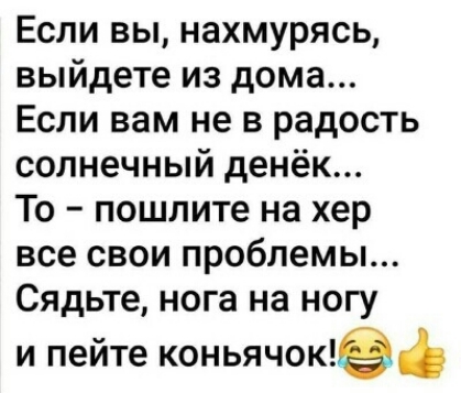 Если вы нахмурясь выйдете из дома Если вам не в радость солнечный денёк То пошлите на хер все свои проблемы Сядьте нога на ногу и пейте коньячоке