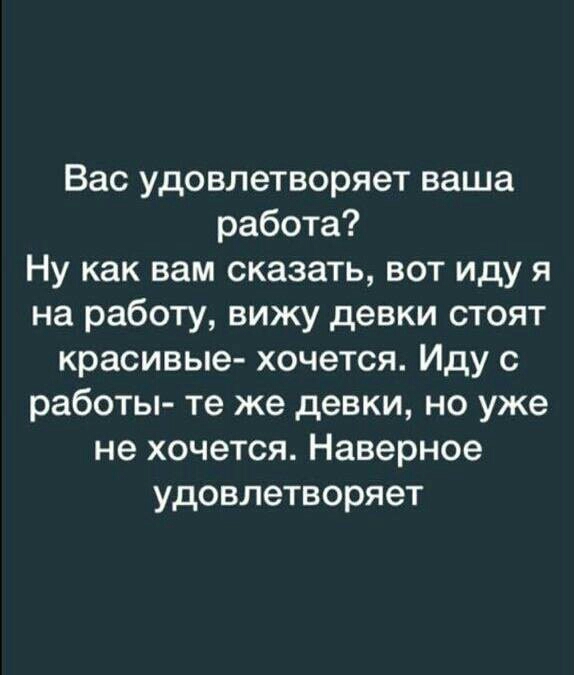 Вас удовлетворяет ваша работа Ну как вам сказать вот иду я на работу вижу девки стоят красивые хочется Иду с работы те же девки но уже не хочется Наверное удовлетворяет