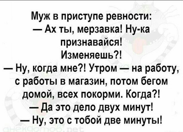 Муж в приступе ревности Ах ты мерзавка Ну ка признавайся Изменяешь Ну когда мне Утром на работу с работы в магазин потом бегом домой всех покорми Когда Да это дело двух минут Ну это с тобой две минуты