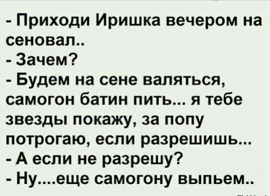 Приходи Иришка вечером на сеновал Зачем Будем на сене валяться самогон батин пить я тебе звезды покажу за попу потрогаю если разрешишь А если не разрешу Нуеще самогону выпьем