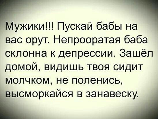 Мужики Пускай бабы на вас орут Непрооратая баба склонна к депрессии Зашёл домой видишь твоя сидит мопчком не попенись высморкайся в занавеску