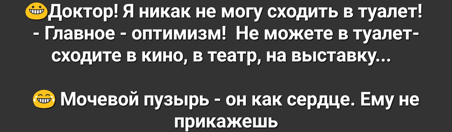 Доктор Я никак не могу сходить в туалет Главное оптимизм Не можете в туалет сходите в кино в театр на выставку Мочевой пузырь он как сердце Ему не прикажешь