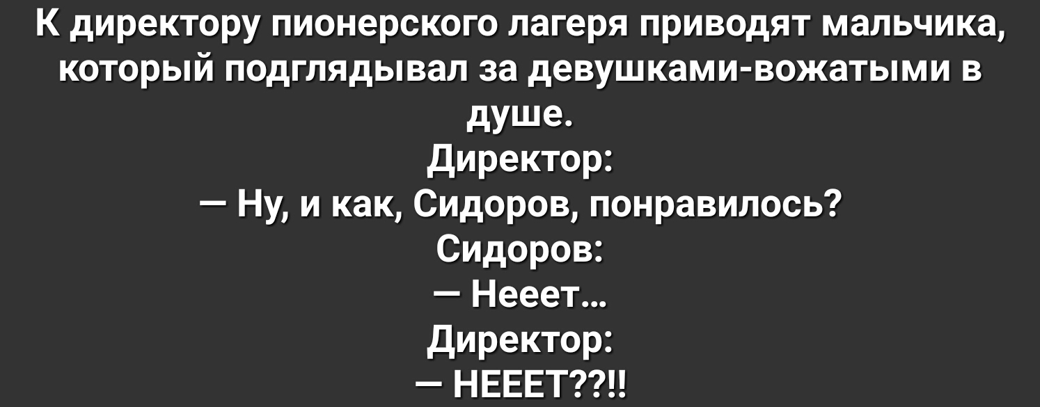 К директору пионерского лагеря приводят мальчика который подглядывал за девушками вожатыми в душе Директор Ну и как Сидоров понравилось Сидоров Нееет Директор НЕЕЕТ