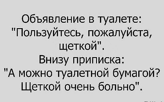 Объявление в туалете Пользуйтесь пожалуйста щеткой Внизу приписка А можно туалетной бумагой Щеткой очень больно