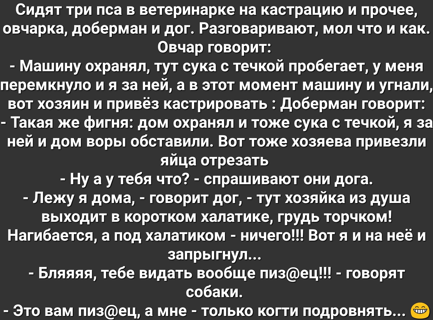Сидят три пса в ветеринарке на кастрацию и прочее овчарка доберман и дог Разговаривают мол что и как Овчар говорит Машину охранял тут сука с течкой пробегает у меня перемкнуло и я за ней а в этот момент машину и угнали вот хозяин и привёз кастрировать Доберман говорит Такая же фигня дом охранял и тоже сука с течкой я за ней и дом воры обставили Вот тоже хозяева привезли яйца отрезать Ну а у тебя ч