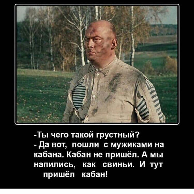 Ты чего такой грустный Да вот пошли с мужиками на кабана Кабан не пришёл А мы напились как свиньи И тут пришёл кабан