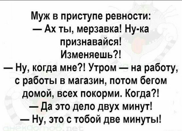 Муж в приступе ревности Ах ты мерзавка Ну ка признавайся Изменяешь Ну когда мне Утром на работу с работы в магазин потом бегом домой всех покорми Когда Да это дело двух минут Ну это с тобой две минуты