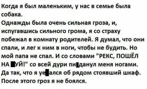 Когда я был маленьким у нас в семье была собака Однажды была очень сильная гроза и ИСПУПБШИСЬ СИЛЬНО ГРОМЗ Я 60 страху побежал комнату родителей я думал что они спали и лег к ним в ноги чтпбы ие будить Но мой папа не спал и со словами РЕКС ПОШЁЛ НА Шйі со всей дури пиданул меня ногами да так что я унлся аб рядом стоявший шкаф После этого гроз я не боялся