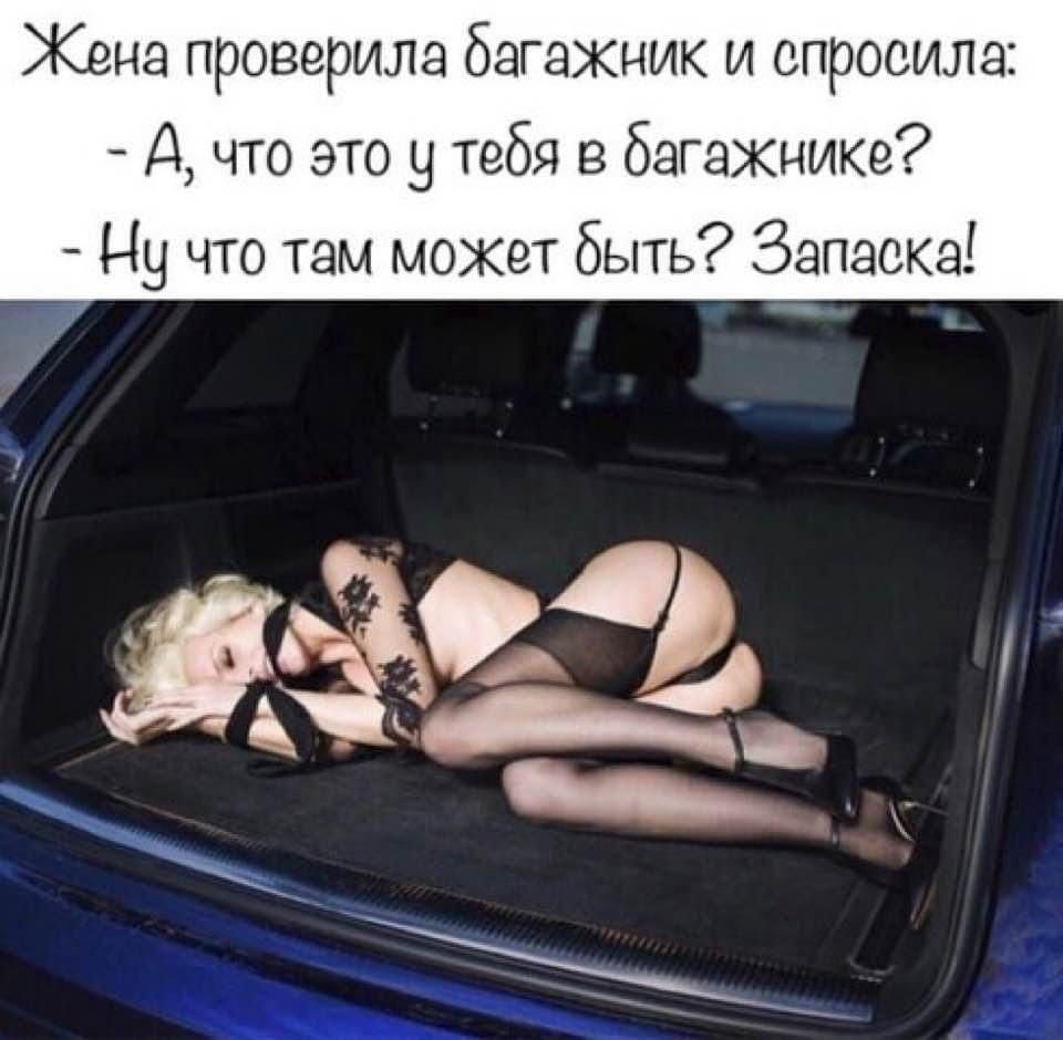 Жена проверила багажник и спросила А что это у тебя в багажнике Ну что там мокет быть Запаска