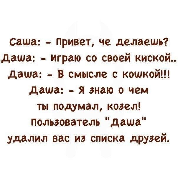 Саша привет че делаешь даша Играю со своей киской даша в смысле с кошкой даша я знаю о чем ты подумал козел Пользователь даша удалил вас из списка друзей