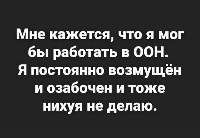Мне кажется что я мог бы работать в ООН Я постоянно возмущён и озабочен и тоже нихуя не делаю