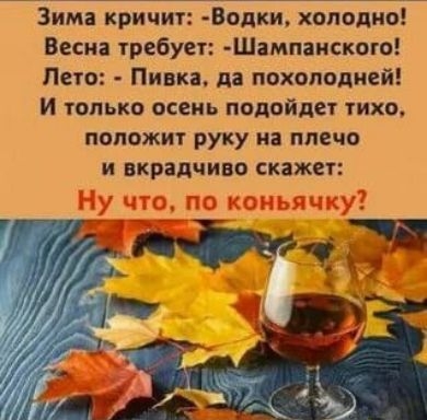 Зима кричит: -Водки, холодно!
Весна требует: -Шампанского!
Лето: - Пивка, да похолодней!
И только осень подойдет тихо, положит руку на плечо и вкратчиво скажет:
Ну что, по коньячку?
