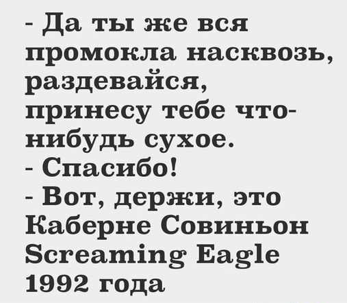 Да ты же вся промокла насквозь раздевайся принесу тебе что нибудь сухое Спасибо Вот держи это Каберне Совиньон Бегеатіпз Еа3 1е 1992 года