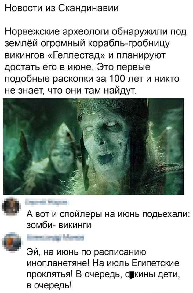 Новости из Скандинавии Норвежские археологи обнаружили под землёй огромный корабльгробницу викингов Геплестад и планируют достать его в июне Это первые подобные раскопки за 100 лет и никто не знает что они там найдут А вот и спойлеры на июнь подьехали зомби викинги Эй на июнь по расписанию инопланетяне На июль Египетские проклятья В очередь оркины дети в очередь