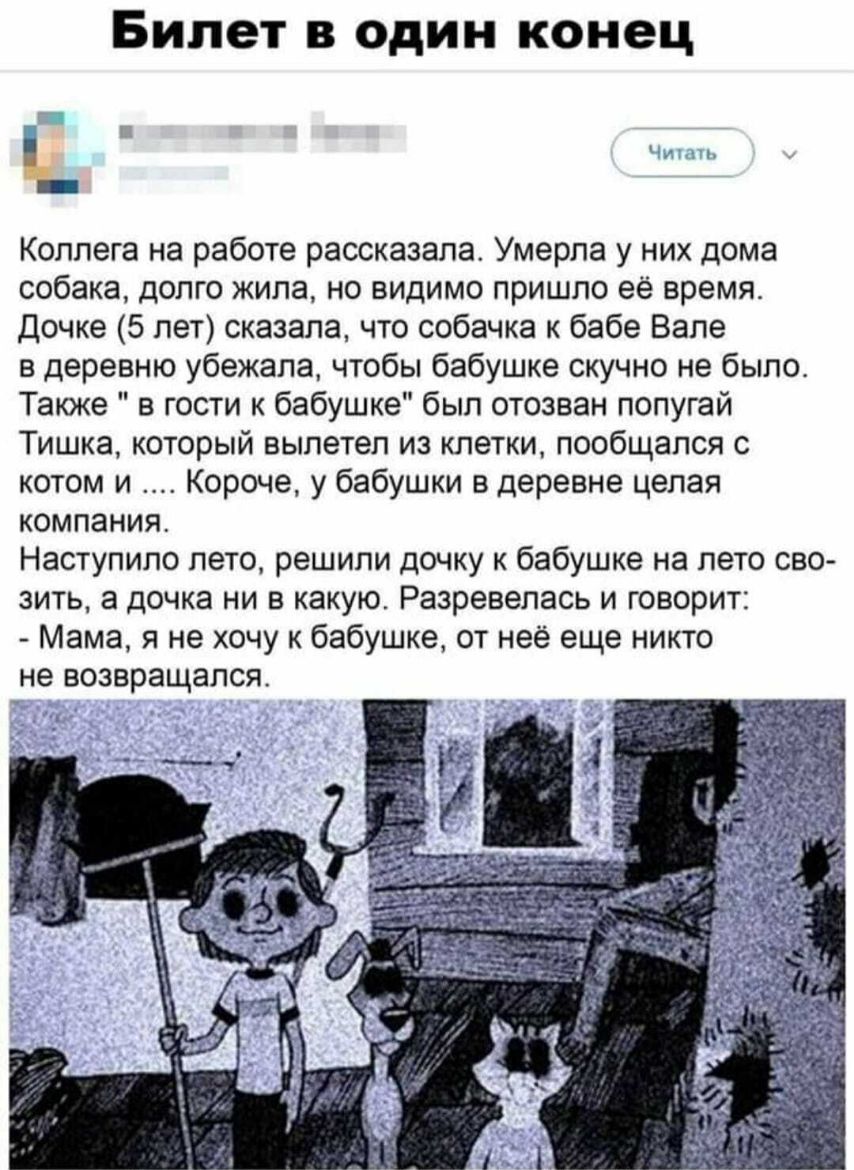 Билет в один конец Коллега на работе рассказала Умерла у них дома собака  долго жила но видимо пришло её время Дочке 5 лет сказала что собачка к бабе  Вале в деревню убежала